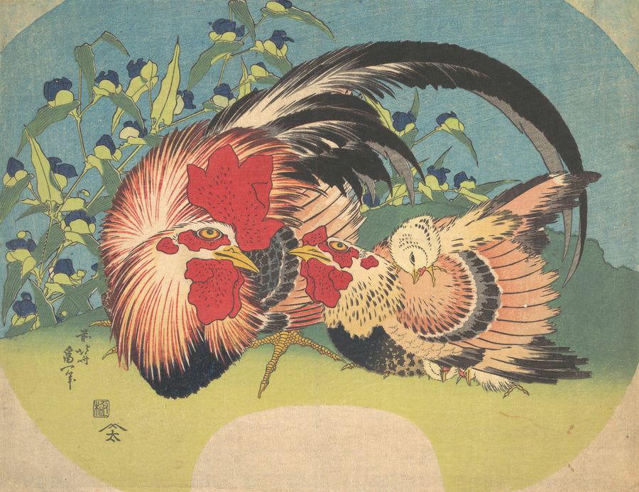 Katsushika Hokusai — Rooster, Hen and Chicken with Spiderwort | Japanese Woodblock Print (Ukiyo-e) shown to scale on a wall above a sofa