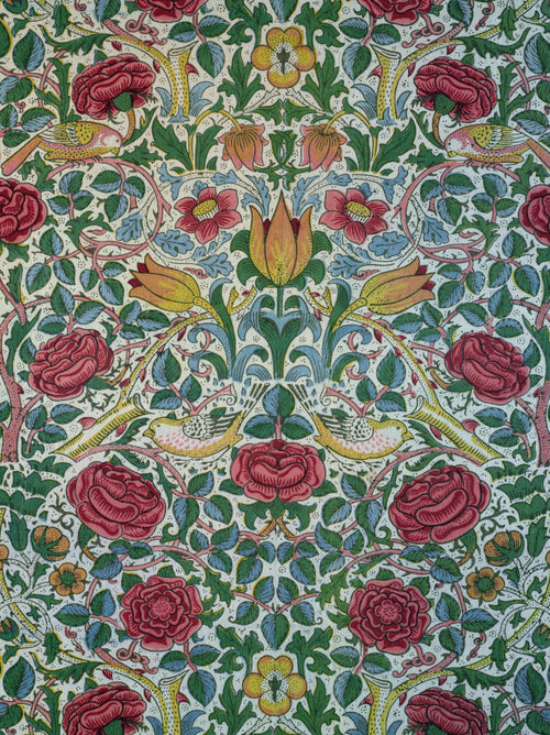 Rose by William Morris — Crimson roses and yellow birds on a pale ground