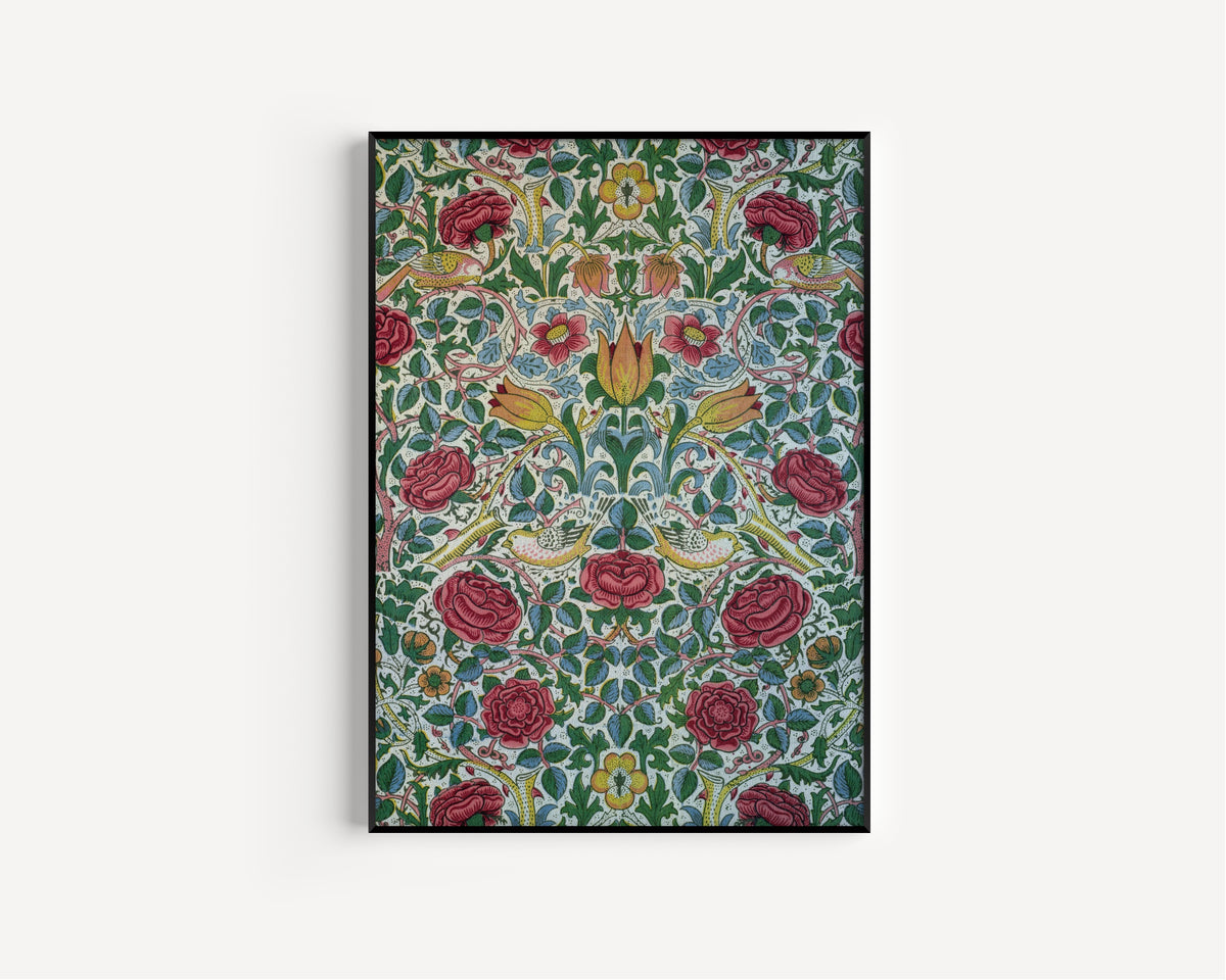 Framed art print of Rose by William Morris, in a slim black frame on a plain white wall