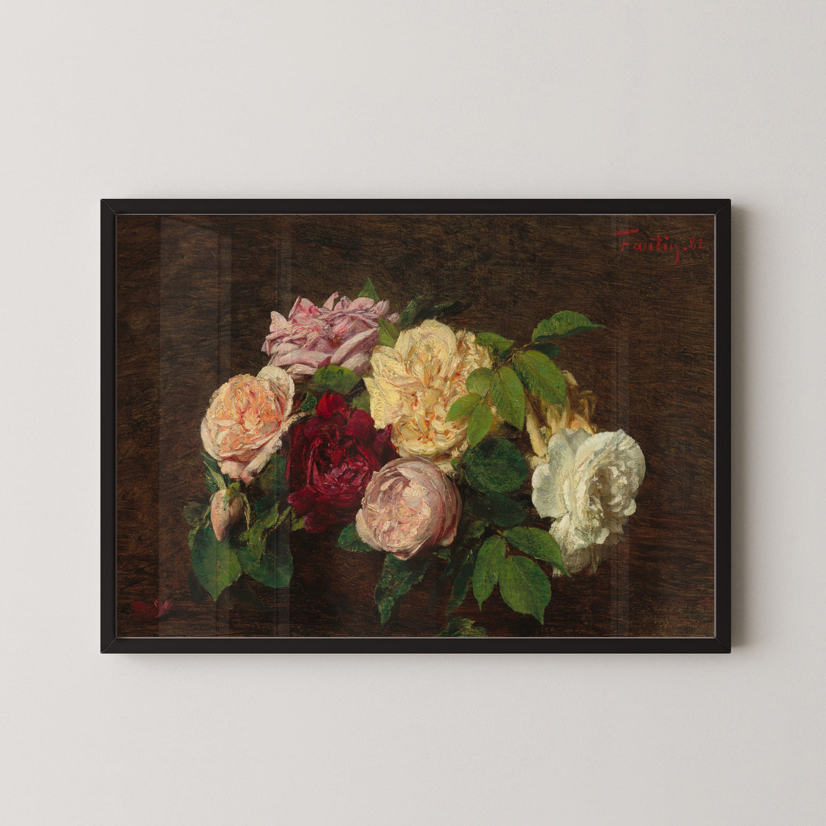 Roses de Nice on a Table by Henri Fantin-Latour — in a black frame on a pale wall