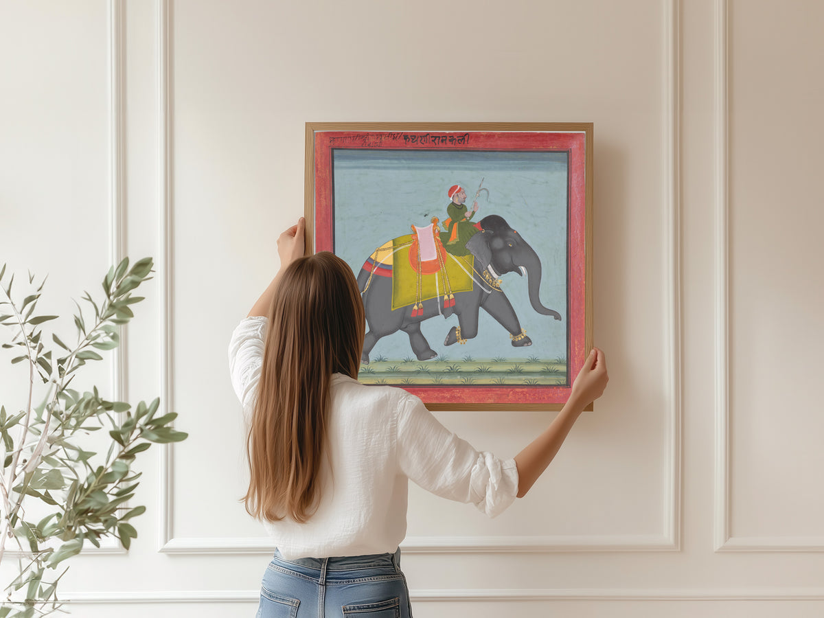 Mewar school — Royal Elephant Ramkali with a Mahout | Indian Miniature Painting Print