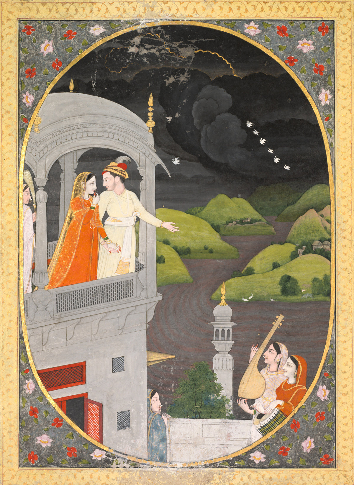 Pahari school — Royal Lovers Watching Rain Clouds: The Month of Bhadon | Indian Miniature Painting Print