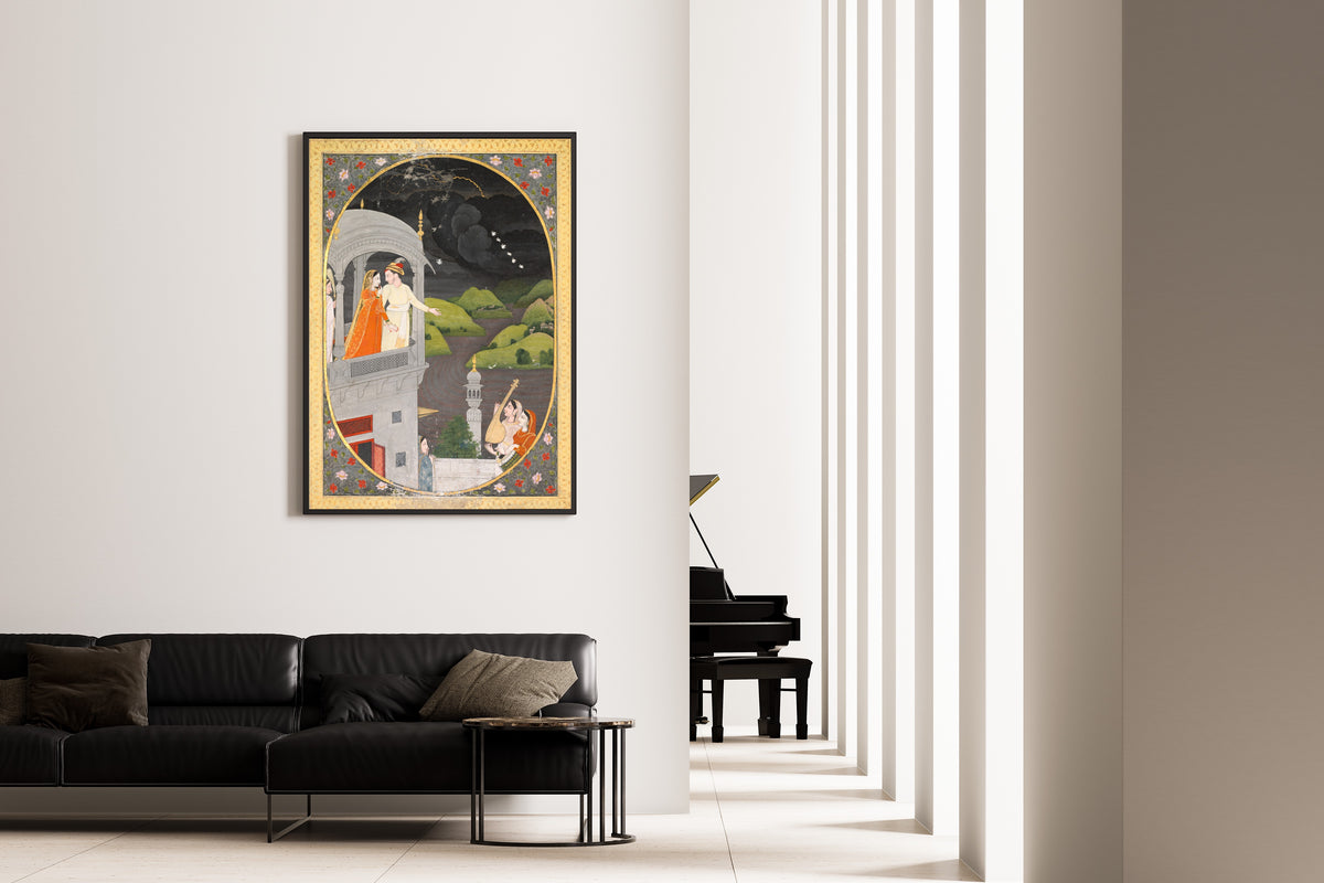 Pahari school — Royal Lovers Watching Rain Clouds: The Month of Bhadon | Indian Miniature Painting Print
