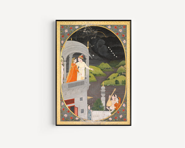 Pahari school — Royal Lovers Watching Rain Clouds: The Month of Bhadon | Indian Miniature Painting Print