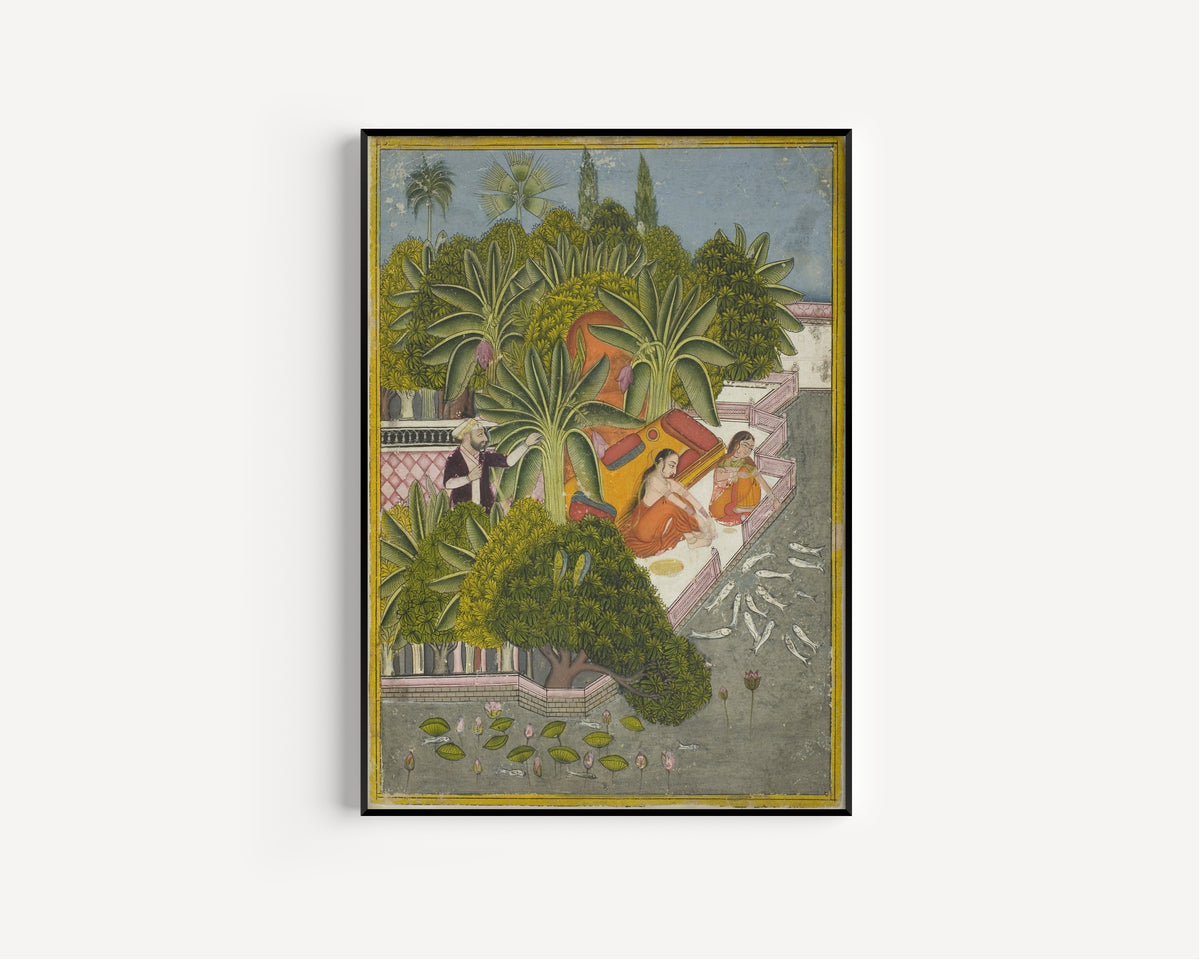 Bundi school — Royal Women Feeding Fish | Indian Miniature Painting Print