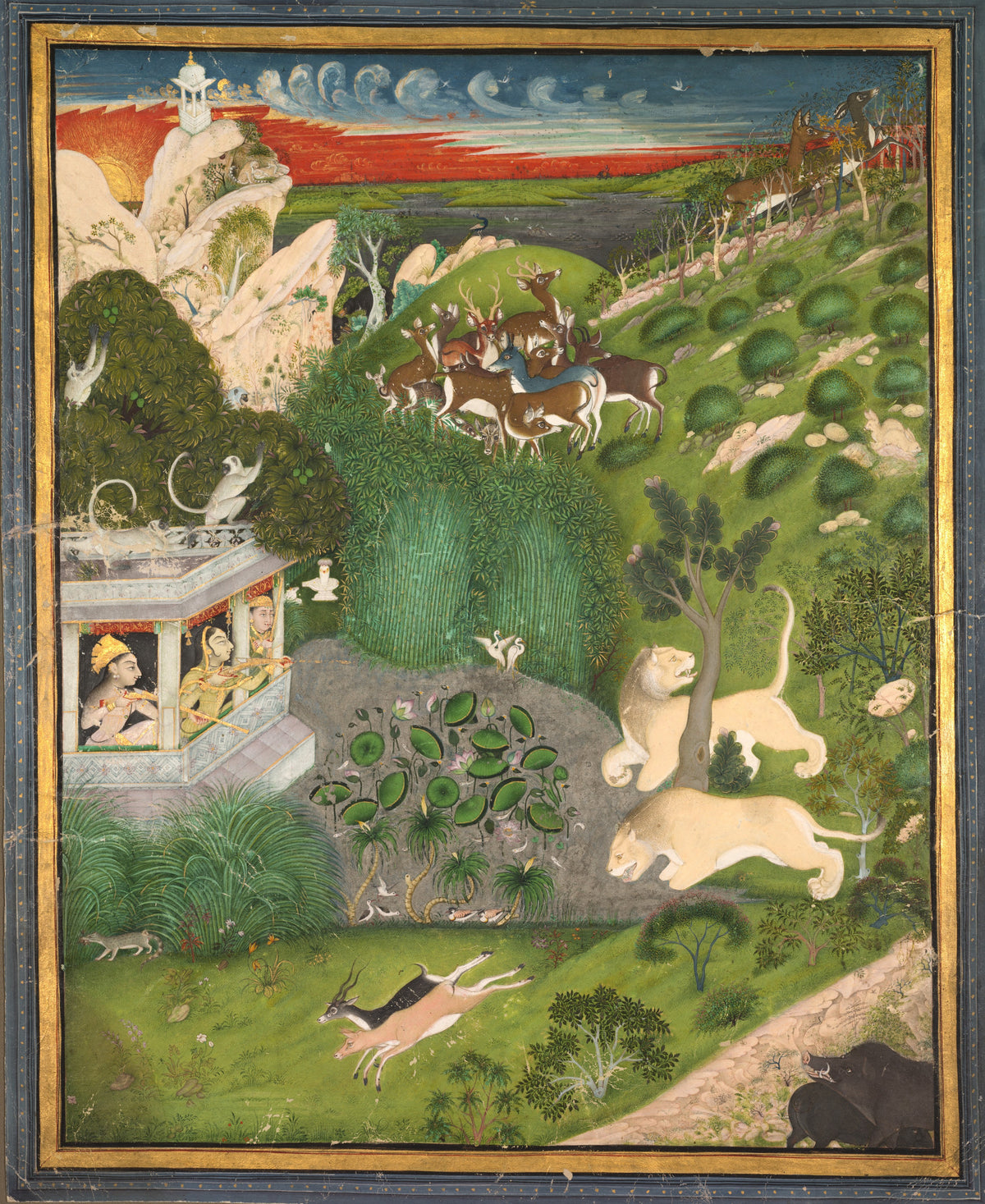 Kota school — Royal Women Shooting from a Pavilion | Indian Miniature Painting Print