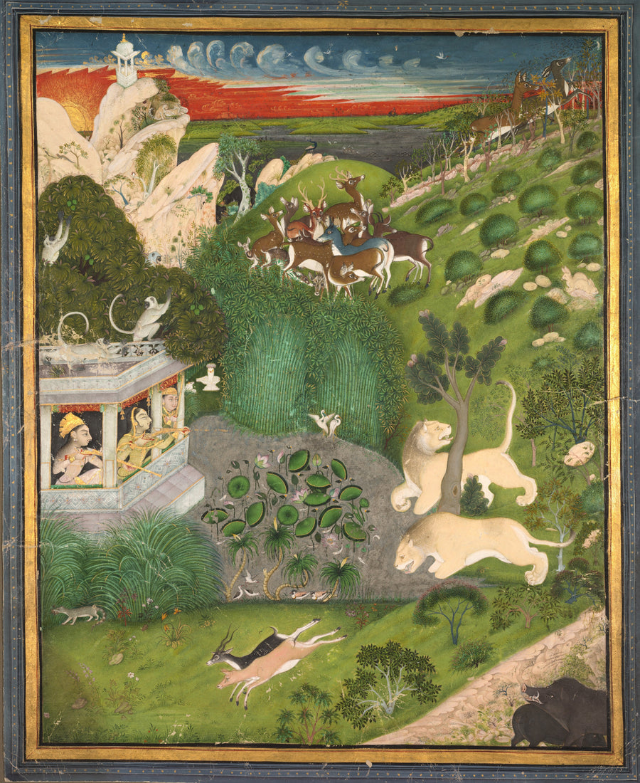 Kota school — Royal Women Shooting from a Pavilion | Indian Miniature Painting Print shown to scale on a wall above a sofa