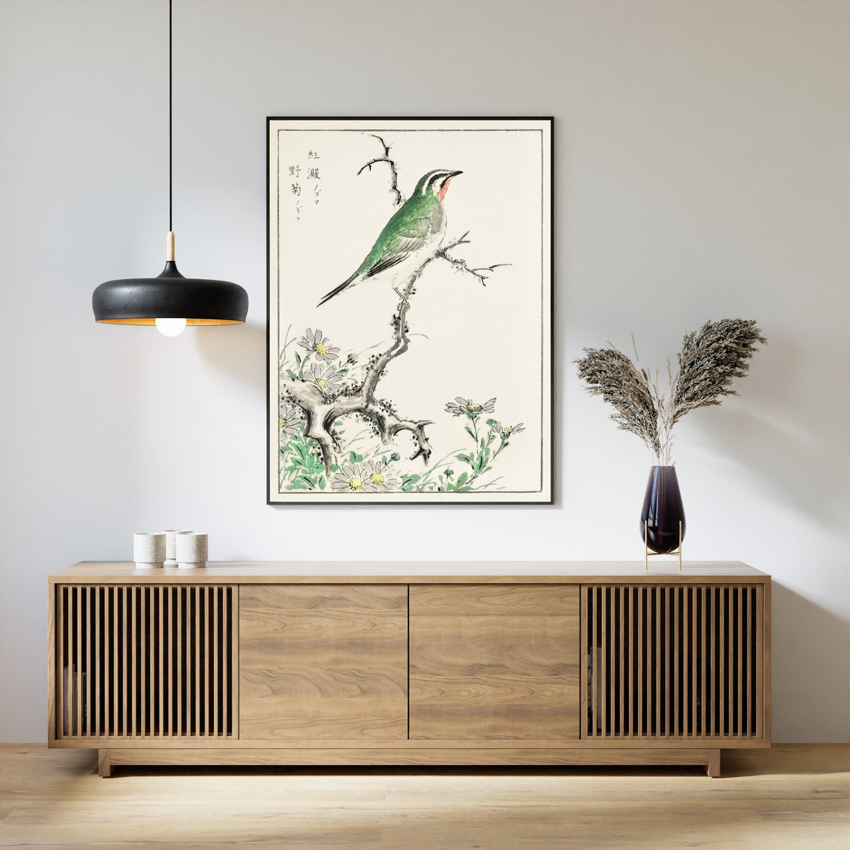 Numata Kashū — Ruby Throat and Wild Chrysanthemum | Japanese Bird & Flower Woodblock Print