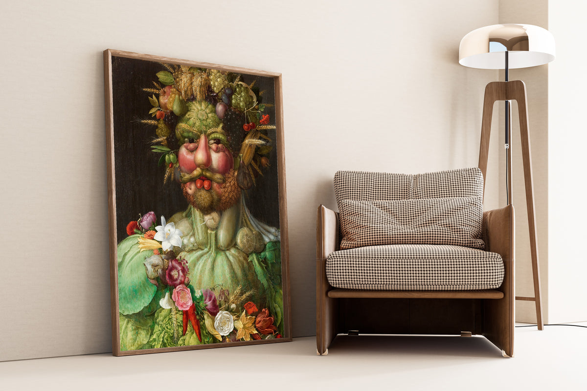 Framed art print of Rudolf II of Habsburg or Vertumnus by Giuseppe Arcimboldo, leaning against a wall beside an armchair and a floor lamp