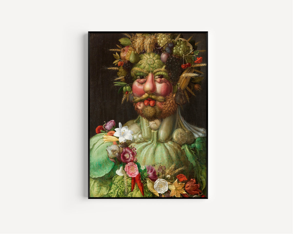 Framed art print of Rudolf II of Habsburg or Vertumnus by Giuseppe Arcimboldo, in a slim black frame on a plain white wall
