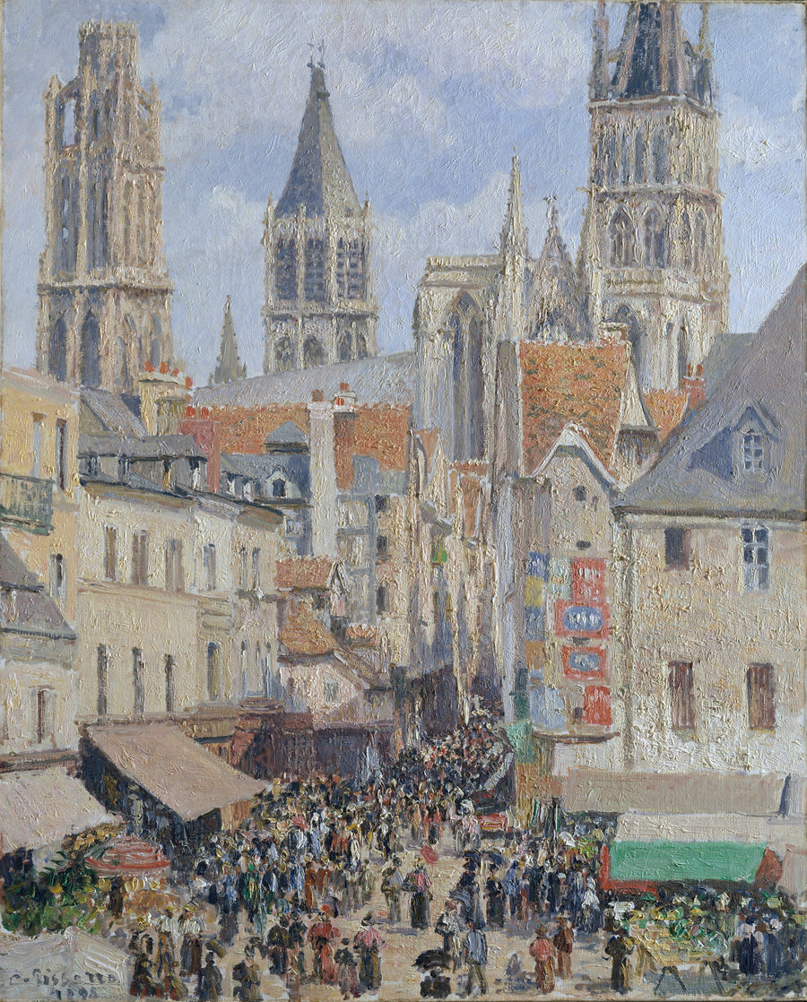 Camille Pissarro — Rue de l'Epicerie, Rouen (Effect of Sunlight) | Fine Art Print shown to scale on a wall above a sofa