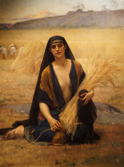Ruth Gleaning in the Fields of Boaz by Alexandre Cabanel — Ruth kneels in a golden wheatfield holding a sheaf of gleaned ears