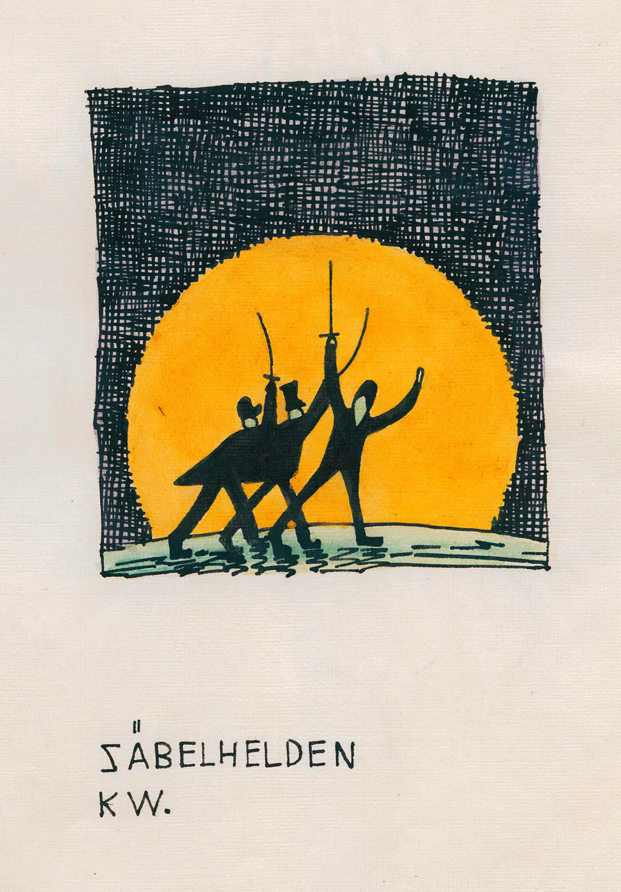 Karl Wiener — Säbelhelden (Sabre Heroes) | Modernist Illustration Print shown to scale on a wall above a sofa