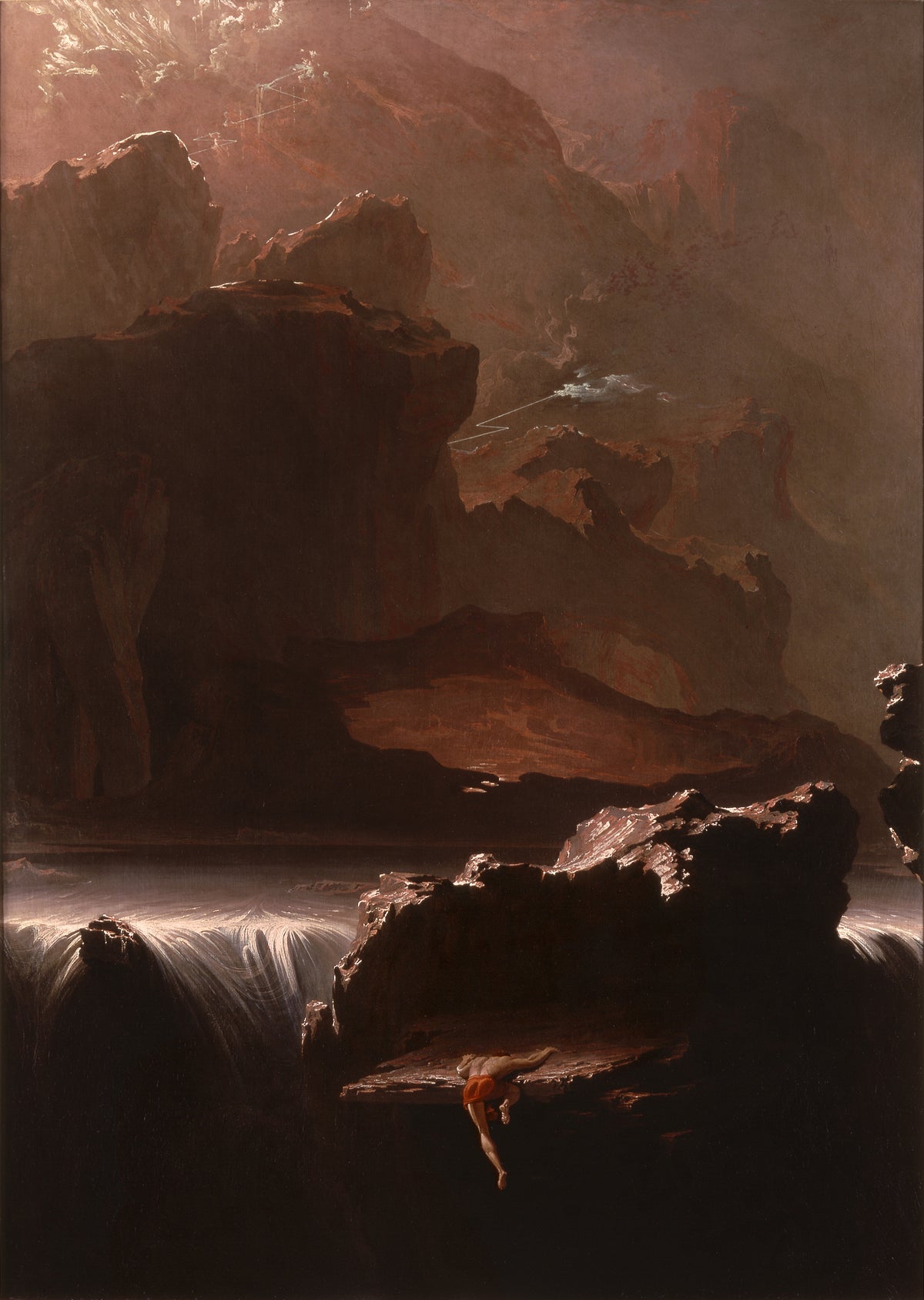 Sadak in Search of the Waters of Oblivion by John Martin — A lone figure clings to a rock beneath towering cliffs and a torrent