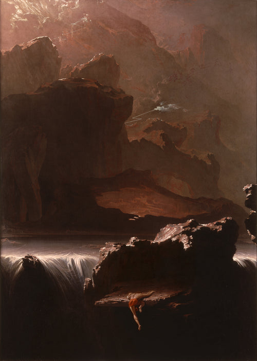 Sadak in Search of the Waters of Oblivion by John Martin — A lone figure clings to a rock beneath towering cliffs and a torrent