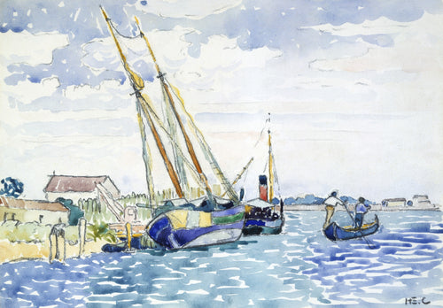 Sailing Boats by Henri-Edmond Cross — Two moored sailing barges and a poled boat share a harbor