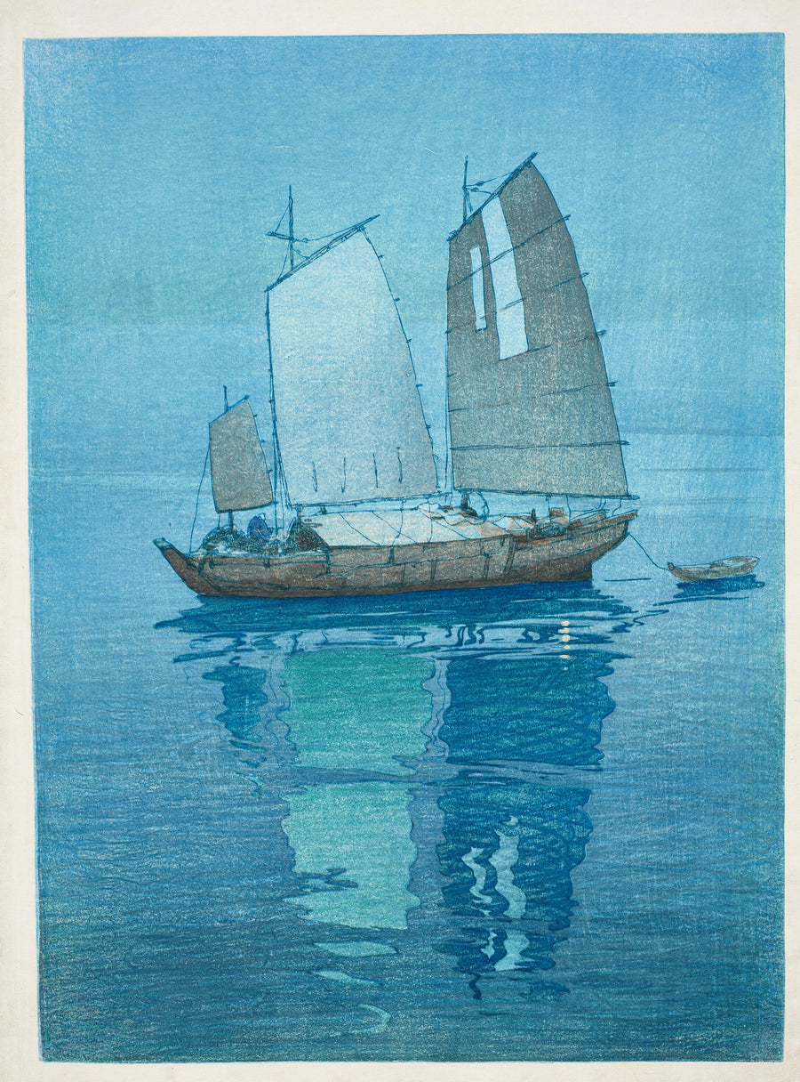 Hiroshi Yoshida — Sailing Boats | Japanese Woodblock Print (Shin Hanga) shown to scale on a wall above a sofa
