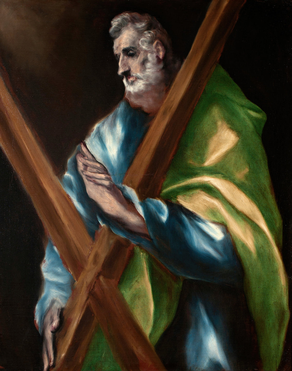 Saint Andrew by El Greco — A white-bearded saint bows his head behind a great X-shaped cross