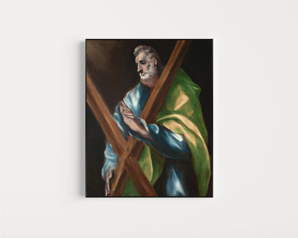 Framed art print of Saint Andrew by El Greco, in a slim black frame on a plain white wall
