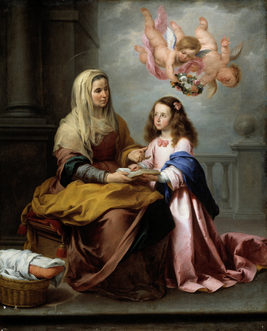 Bartolomé Esteban Murillo — Saint Anne Teaching the Virgin to Read | Fine Art Print shown to scale on a wall above a sofa