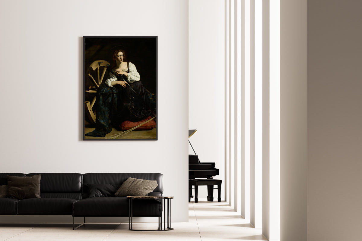 Framed art print of Saint Catherine of Alexandria by Caravaggio, on the wall of a minimal living room