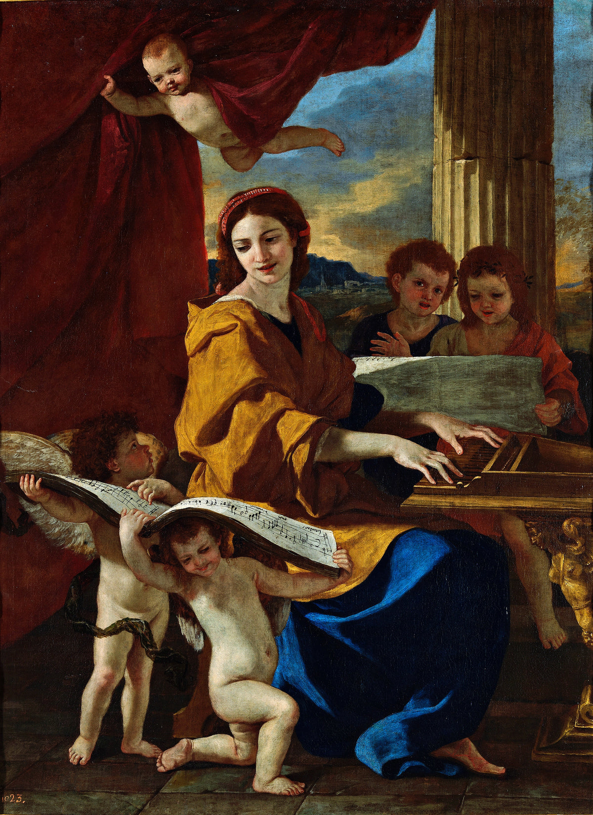 Saint Cecilia by Nicolas Poussin — A woman at a keyboard with singing children and infants holding music