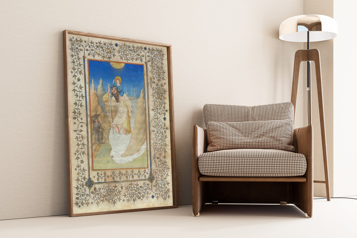 Limbourg Brothers — Saint Christopher Carrying the Christ Child | Illuminated Manuscript Print