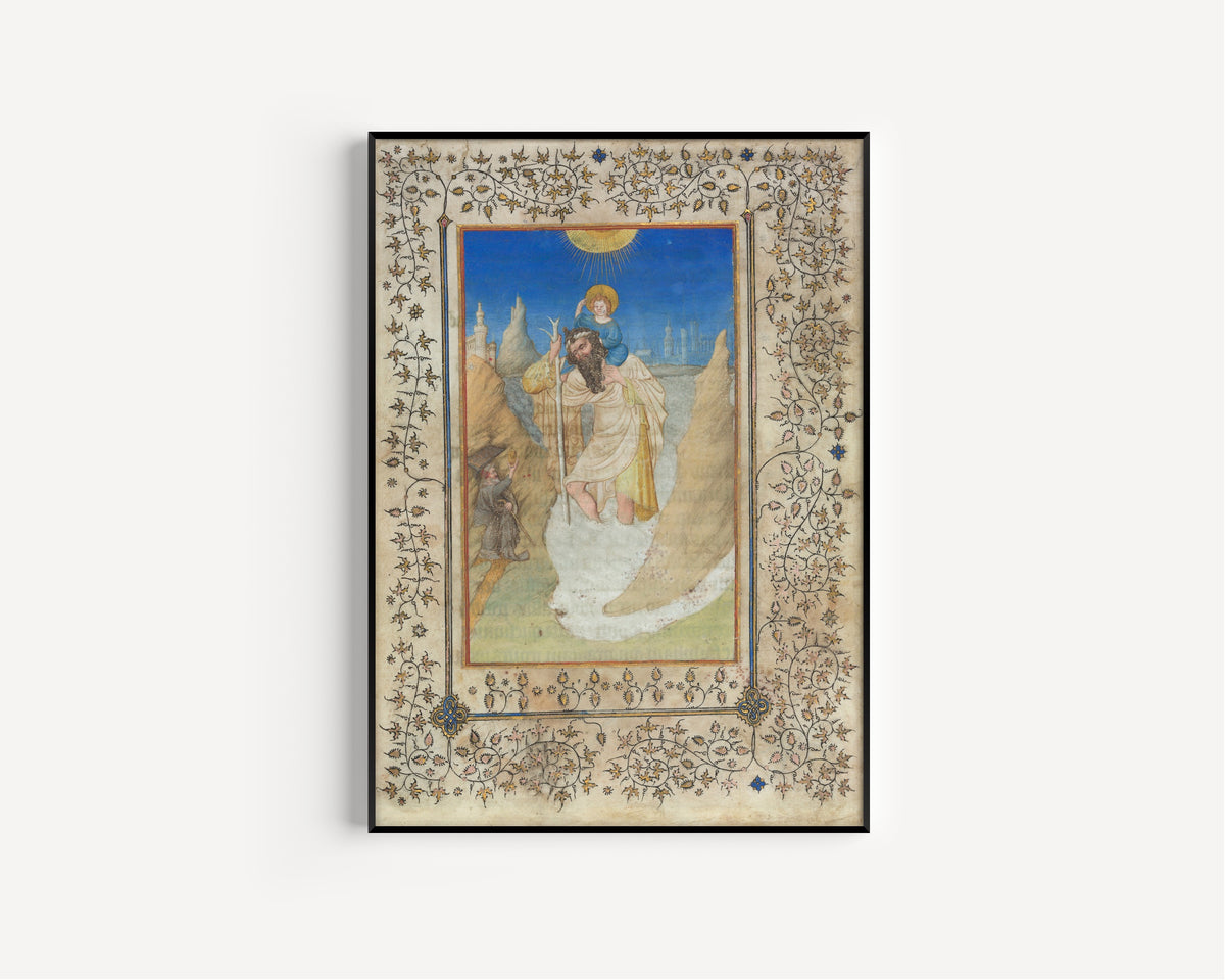 Limbourg Brothers — Saint Christopher Carrying the Christ Child | Illuminated Manuscript Print