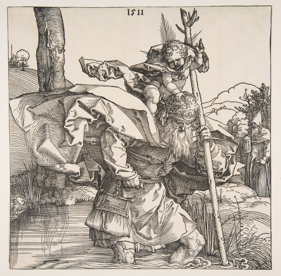Albrecht Dürer — Saint Christopher | Woodcut Print shown to scale on a wall above a sofa