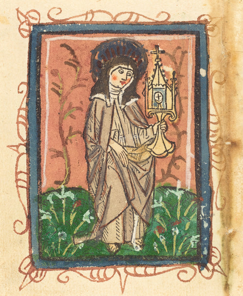 Saint Clare of Assisi — A nun lifts a spired gold monstrance against a salmon-pink ground