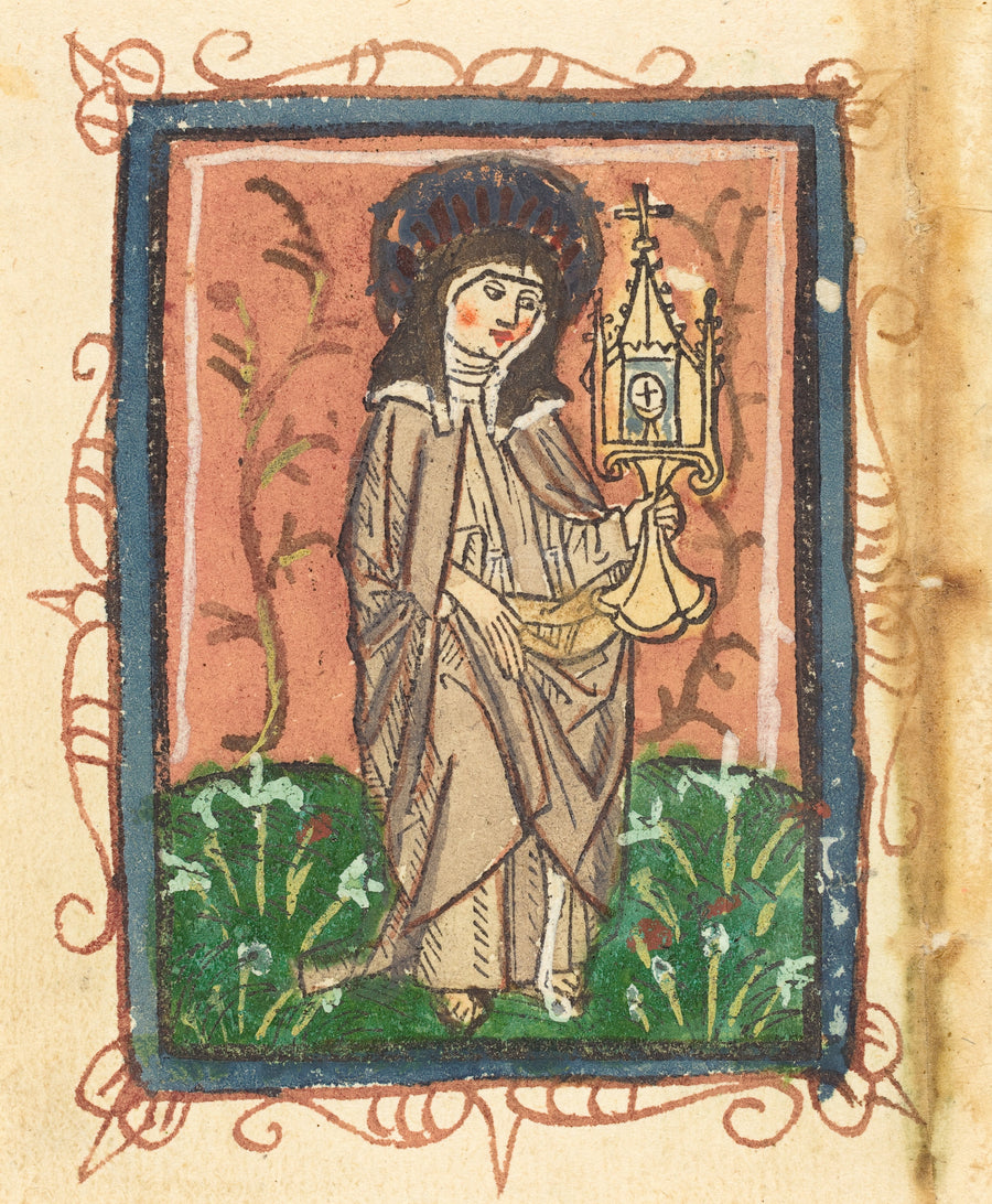 Saint Clare of Assisi | Hand-Coloured Woodcut Print shown to scale on a wall above a sofa