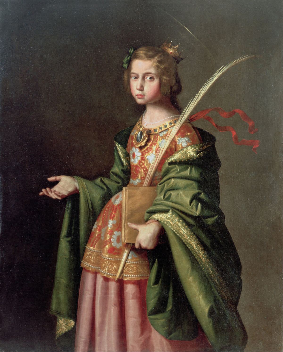 Saint Elizabeth of Thuringia by Francisco de Zurbarán — A young saint in gold brocade, a palm frond at her shoulder