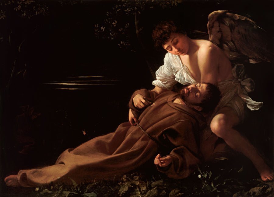 Caravaggio — Saint Francis of Assisi in Ecstasy | Fine Art Print shown to scale on a wall above a sofa