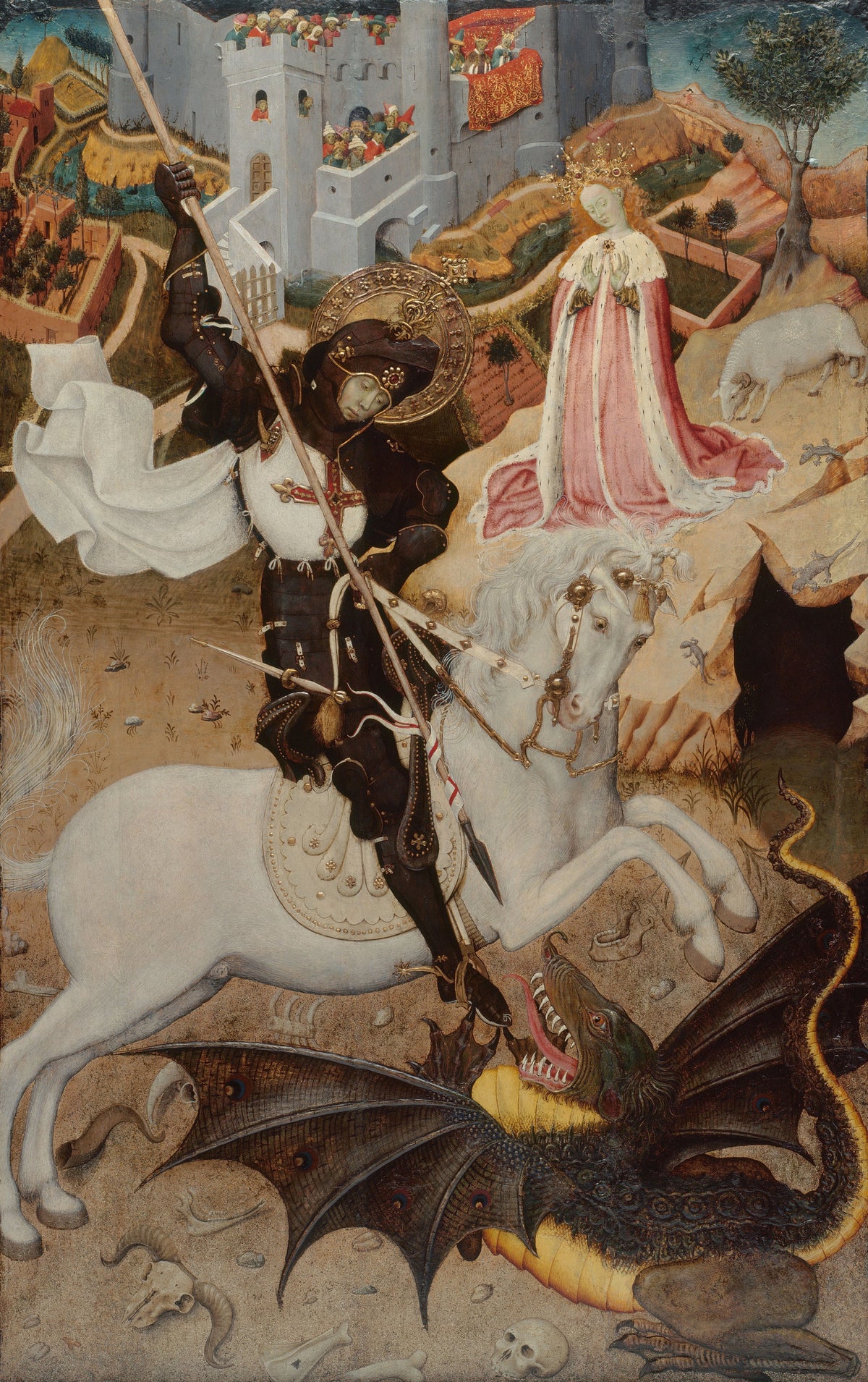 Saint George and the Dragon by Bernat Martorell — A haloed knight on a rearing white horse aims his lance at a dragon