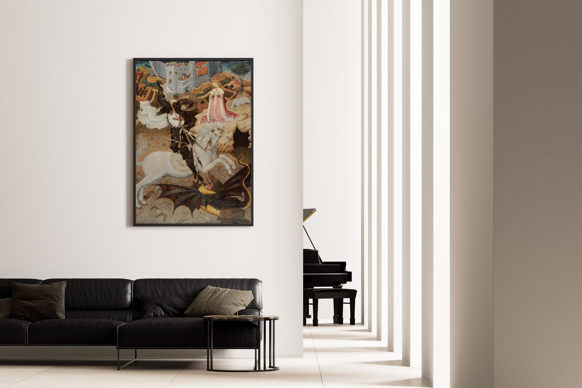 Framed art print of Saint George and the Dragon by Bernat Martorell, on the wall of a minimal living room