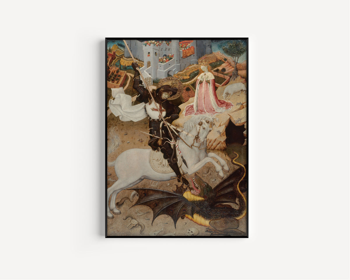 Framed art print of Saint George and the Dragon by Bernat Martorell, in a slim black frame on a plain white wall