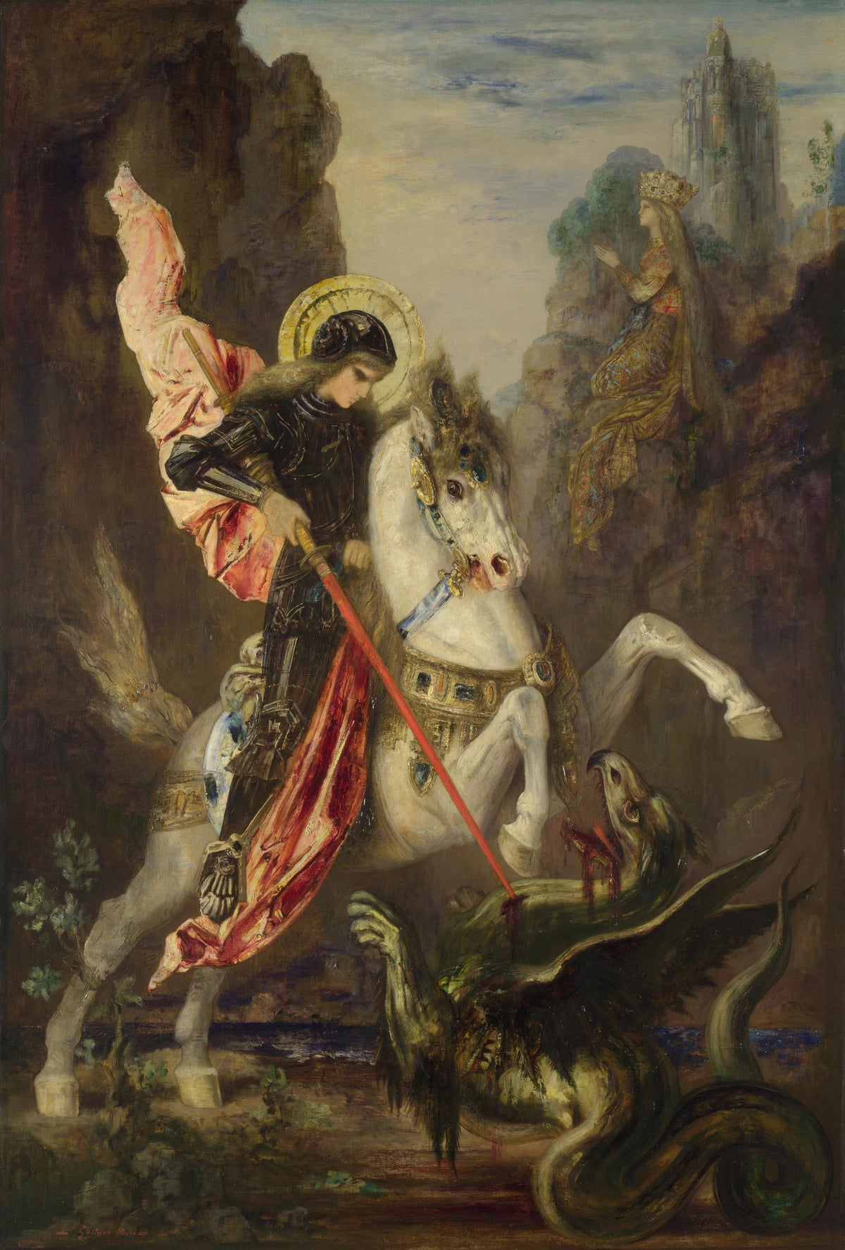 Saint George and the Dragon by Gustave Moreau — A haloed knight on a white horse drives his lance into a dragon