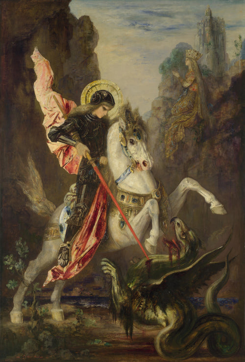 Saint George and the Dragon by Gustave Moreau — A haloed knight on a white horse drives his lance into a dragon