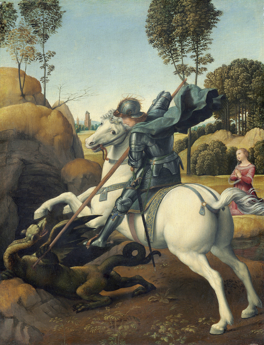 Raphael — Saint George and the Dragon | Fine Art Print shown to scale on a wall above a sofa