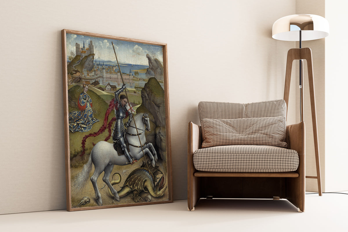Framed art print of Saint George and the Dragon by Rogier van der Weyden, leaning against a wall beside an armchair and a floor lamp