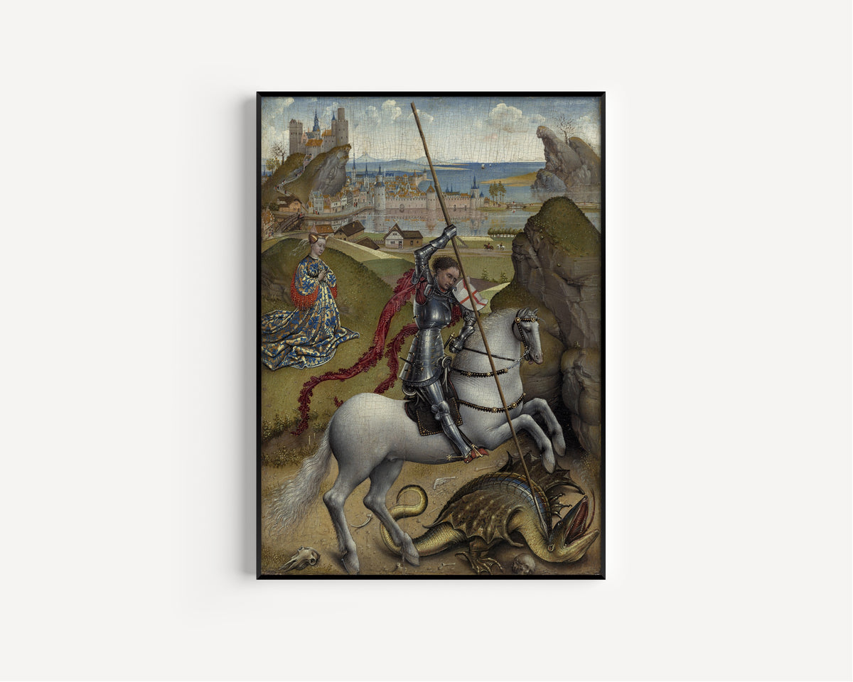 Framed art print of Saint George and the Dragon by Rogier van der Weyden, in a slim black frame on a plain white wall