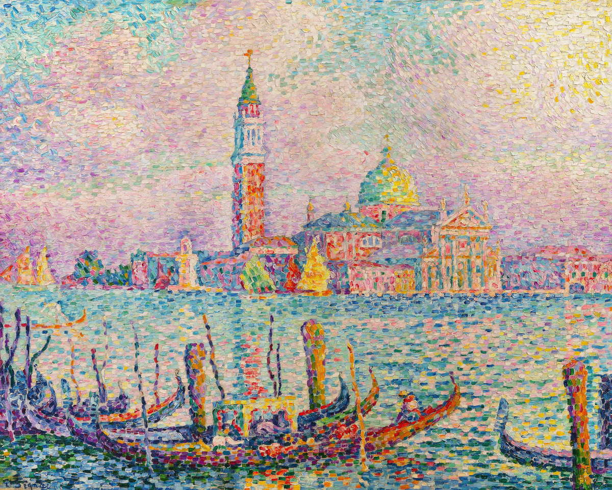 Saint-Georges, Sunset, Venice by Paul Signac — Gondolas below a tall bell tower and a gold-green dome