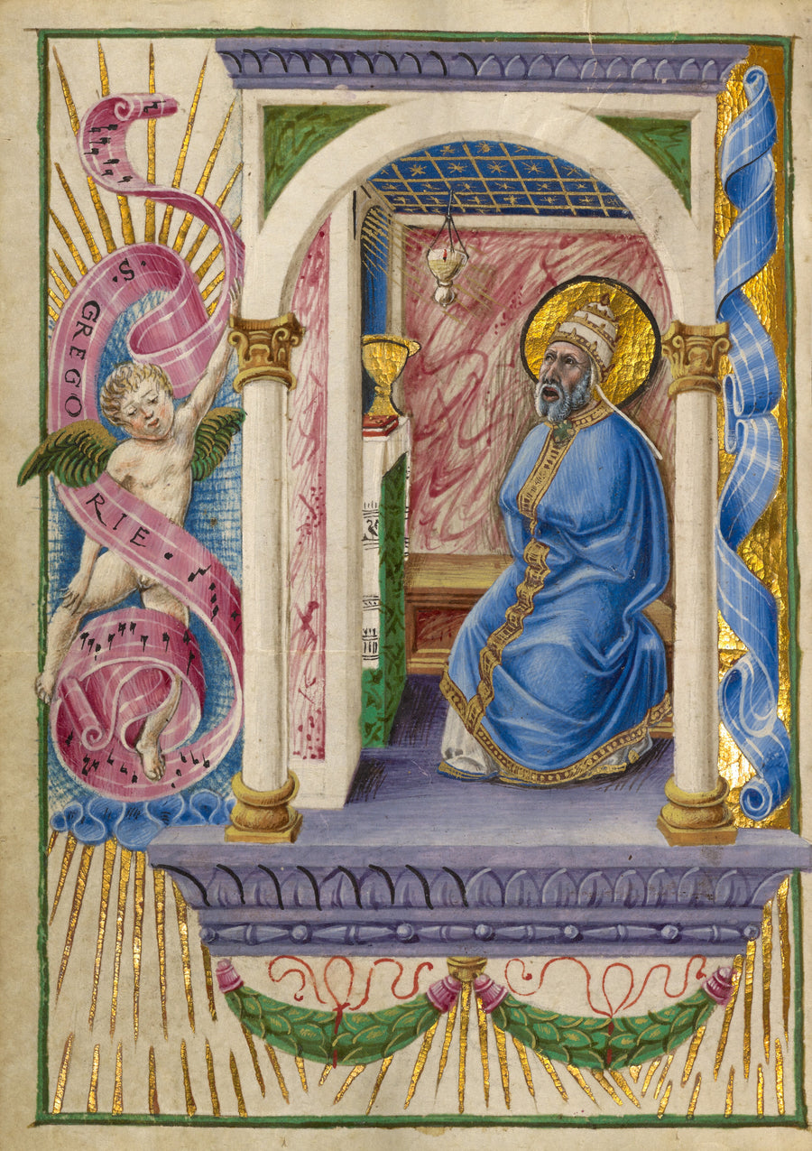 Taddeo Crivelli — Saint Gregory | Illuminated Manuscript Print shown to scale on a wall above a sofa