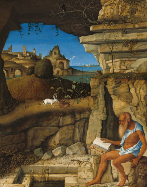Saint Jerome Reading by Giovanni Bellini — A saint reads at a cave mouth, hares and a castle behind him