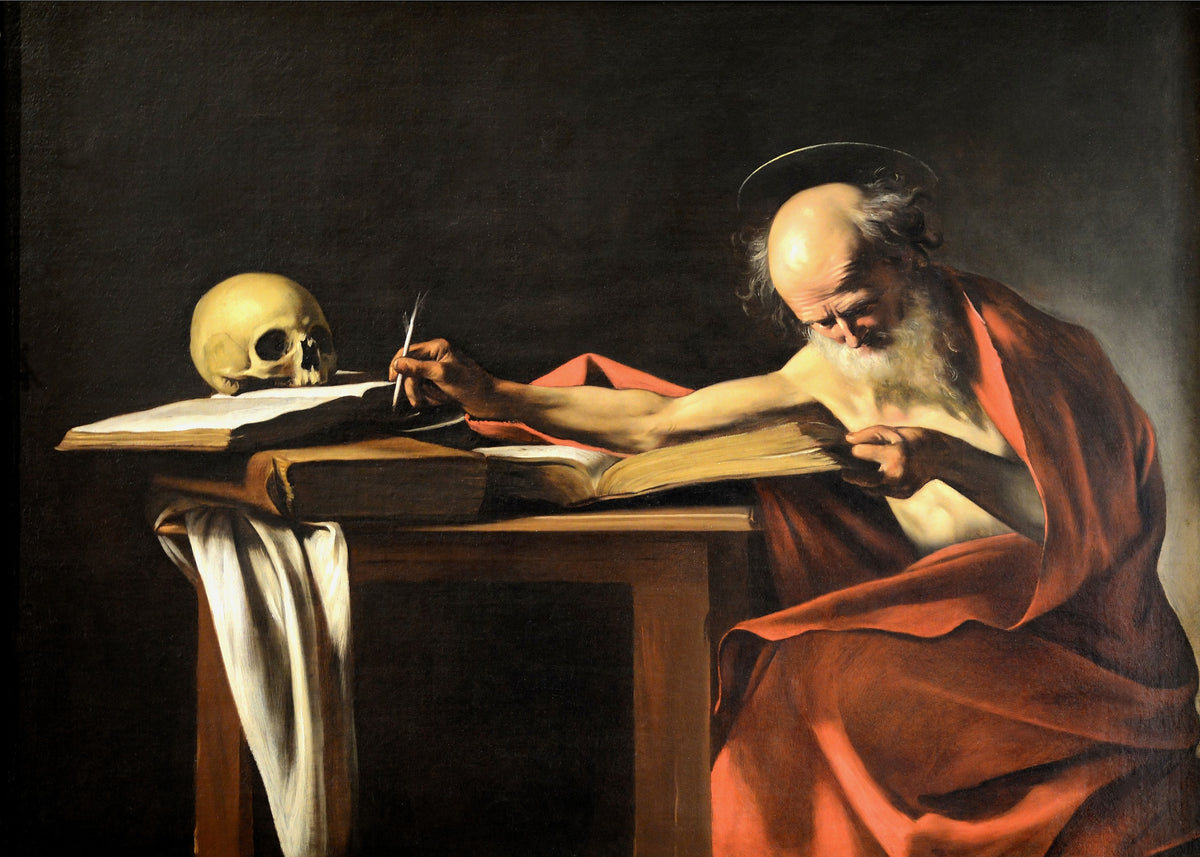 Saint Jerome Writing by Caravaggio — A bald saint writes in a dark study beside a skull and open books