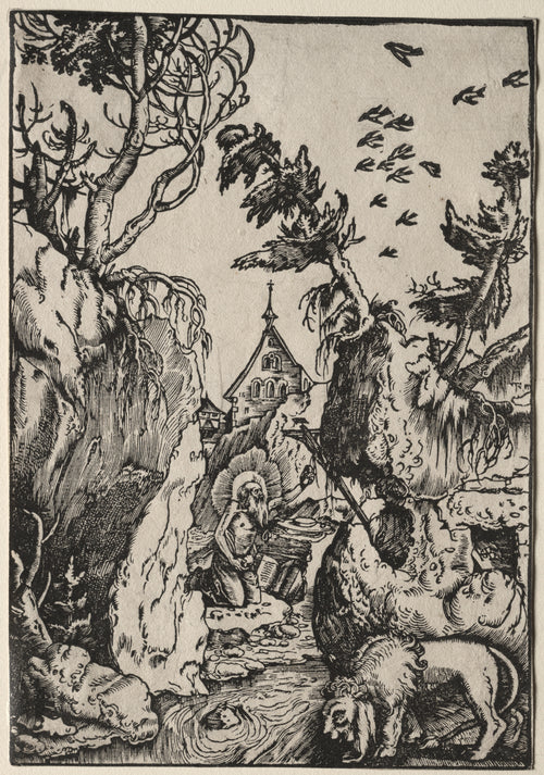 Saint Jerome in the Wilderness by Hans Baldung Grien — A haloed hermit kneels among rocks as his lion drinks from the stream