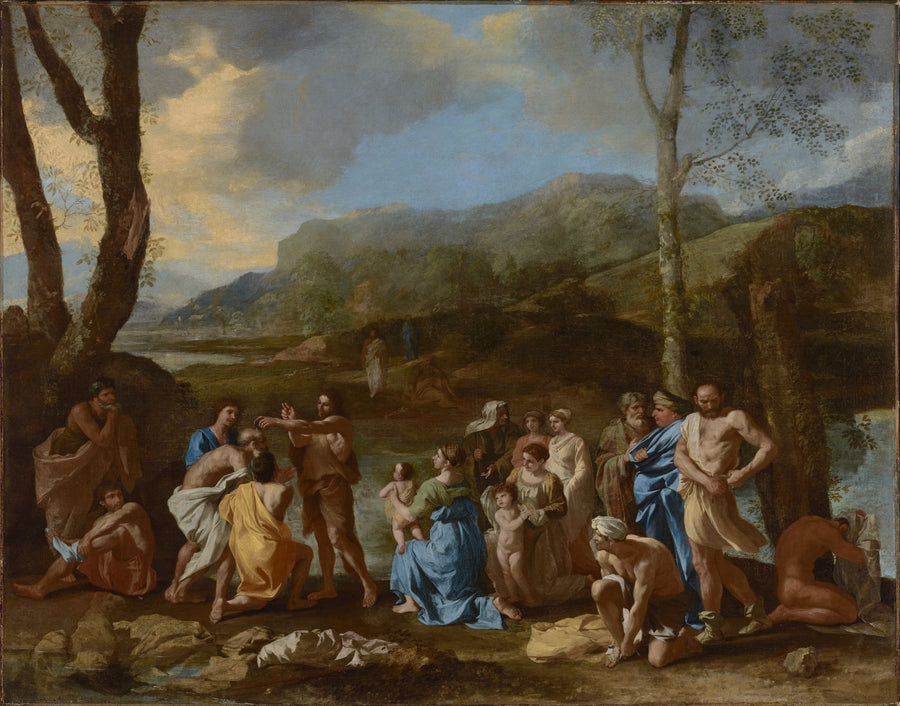 Nicolas Poussin — Saint John Baptizing in the River Jordan | Fine Art Print shown to scale on a wall above a sofa