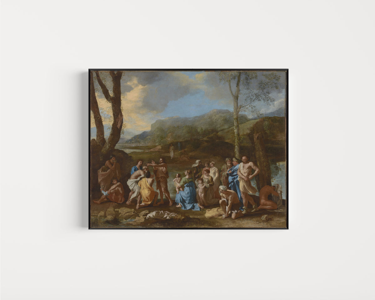 Framed art print of Saint John Baptizing in the River Jordan by Nicolas Poussin, in a slim black frame on a plain white wall