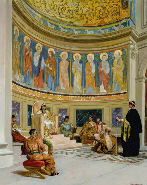 Saint John Chrysostom Exiled by the Empress Eudoxia by Jean-Joseph Benjamin-Constant — An empress sits enthroned in a gilded apse as courtiers await her word