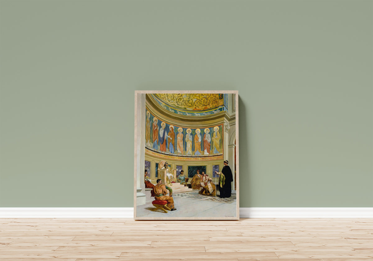 Framed art print of Saint John Chrysostom Exiled by… by Jean-Joseph Benjamin-Constant, in a light wood frame leaning on a sage green wall above a wooden floor
